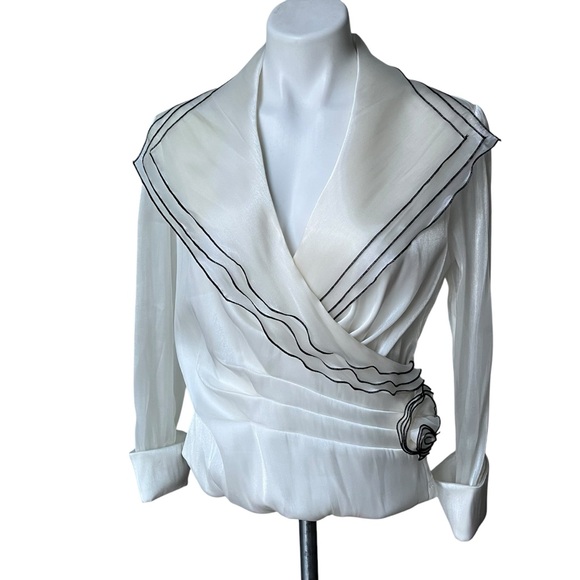 Rare 90s Cachet Shimmery White Faux Wrap Wide Lapel Sheer Sleeve Blouse - Picture 5 of 14